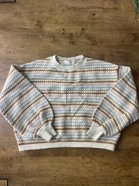 Rylee + Cru Bubble Knit Striped Sweater in Cream, Light Blue & Tan